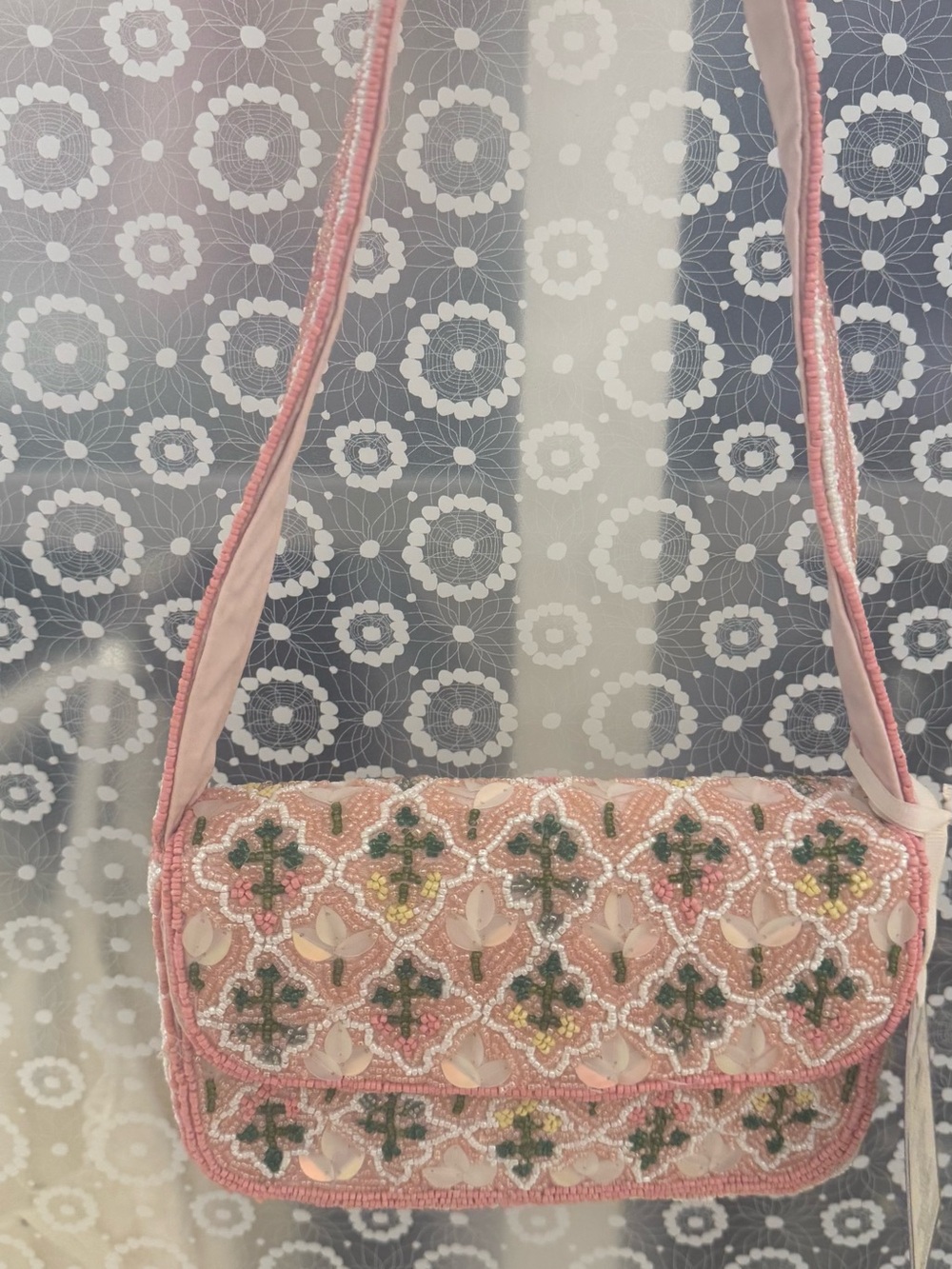 Pink Beaded Floral Shoulder Bag